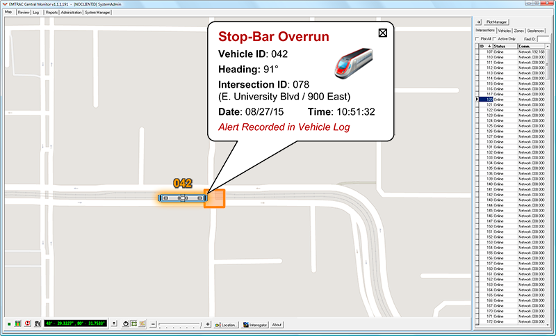 EMTRAC Central Monitor Displaying Stop-Bar Overrun Alert