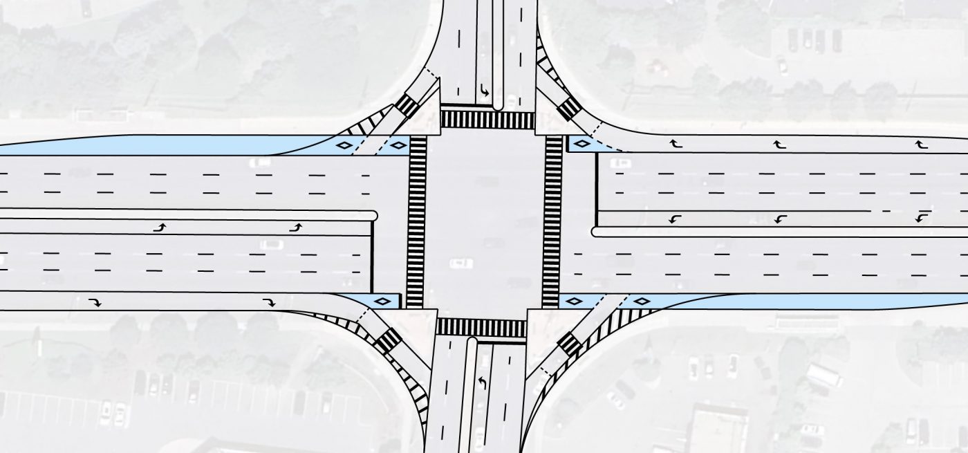 Intersection map showing bus-only queue-jump lanes
