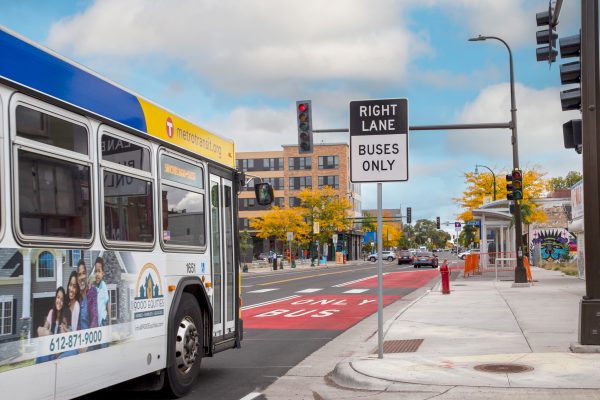 Photo of Metro Transit bus in bus-only lane in Minneapolis, Minnesota